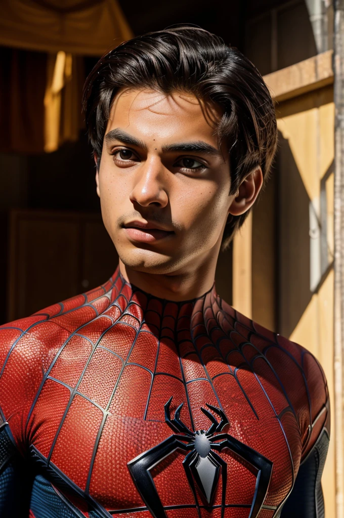 A photograph of spider man, no mask, 16yo, handsome, detailed face, looking at camera, portrait, 8k uhd, high quality csk jursy name Govind no.07