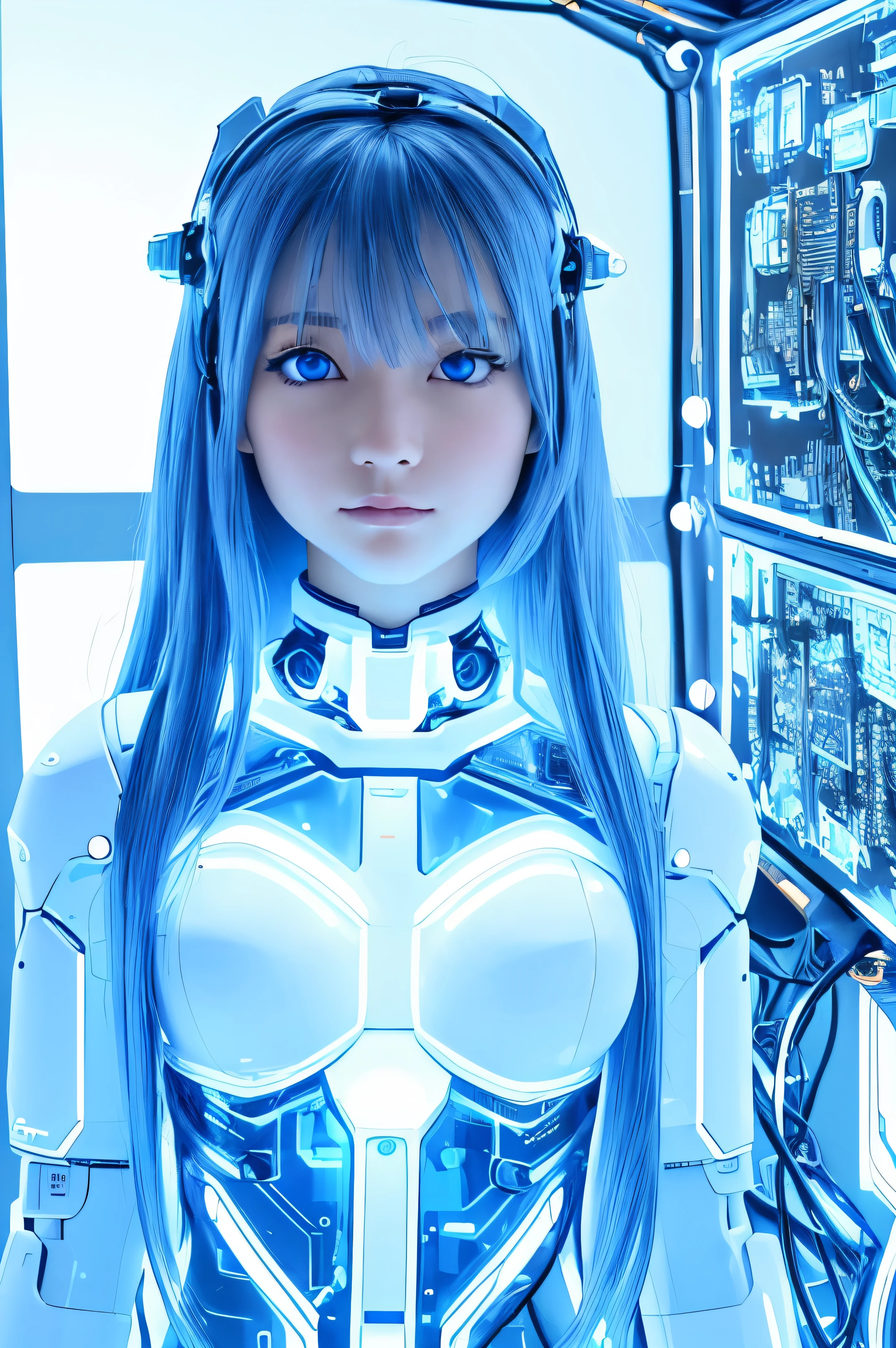 (highest quality, High resolution, masterpiece:1.2), Super detailed, realistic:1.37, (perfect anatomy),1 girl,cowboy shot,full body portrait,,close-up of woman, Cute and completely beautiful Japanese idol, female model、Modified into a cute cyborg,, (blue led eyes:1.3), (white bio acrylic body:1.2), ,,detailed connection lines, Wires and cables connecting to the head, cybernetics, cyber 3ink, intricate decorative details, The background is the interior of a robotic operating room.,,monitor screen