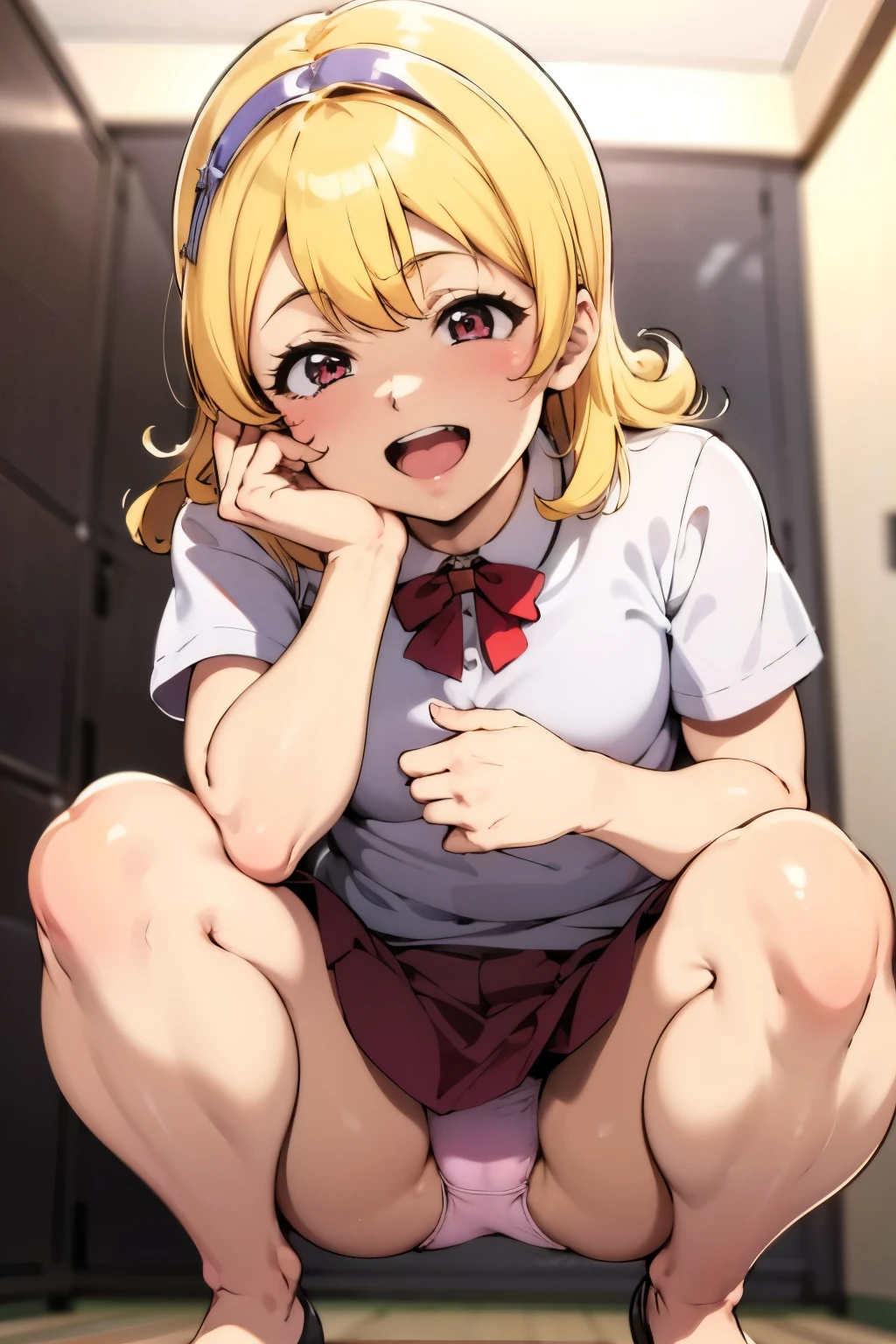 from front,focus on panties,fine underwear,black panty,flat chest
,BREAK,
hinata yume, blonde hair, red skirt, big eyes,
,BREAK, 
{{{shaded face}}}, naughty smile, mock, smile big, happy smile, open mouth, looking down at viewer, masterpiece,absurderes, beautiful detailed face
,BREAK,
,Squat,looking down at viewer,Squatting, 
((masutepiece,hight resolution)), masutepiece, Best Quality, , absurderes, Perfect Skin, Detailed skin texture, ultra-detailliert, 8K, Intricate details, beautifull detailed face,hight resolution, 1girl ,from front.
indoors,locker room