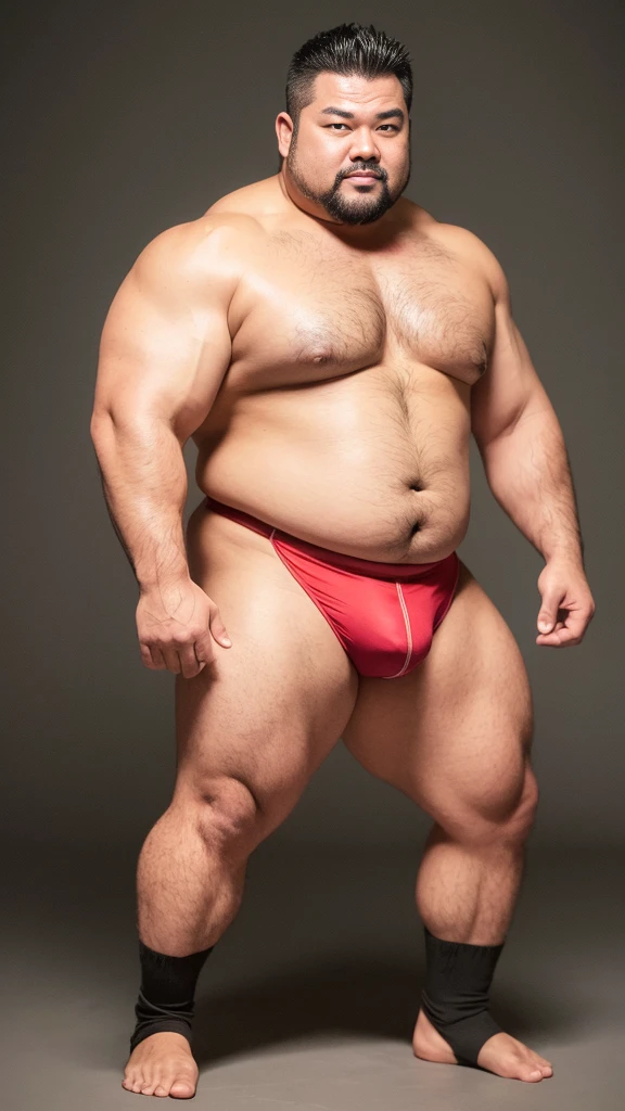 black hair, middle-aged man, individual, male, Muscular wrestler, muscular, Stout wrestler, Asian, Japanese, uncle, 55 year old middle-aged man, short hair, short hair, red wrestling boots, full body portrait, shadow, Vision, red briefs, obesity, 45 years old, short beard, middle-aged man, tattoo, fingerless gloves, Wheat skin, shiny skin, dark skin, Show your pectoral muscles, sumo wrestler, bodybuilder, wide temples, Visible abdominal muscles, Smile, Fine hands, solid color background, pure white background, Surrealism, Panorama, 8k, super detail，