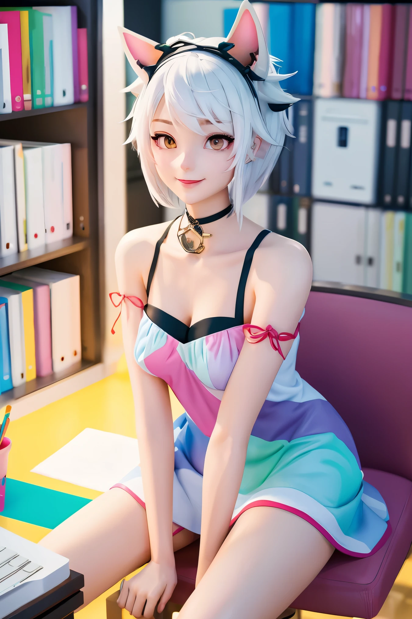 Colorful hair and colorful dress in anime ((cat-eared 1girl)), pastel vivid, rossdraws cartoon vivid, anime style 4k, beautiful anime portrait, artgerm colorful!!!、! dream art germ, beautiful anime, cat ear 1girl, anime style digital art, anime art wallpaper 4k, anime art wallpaper 4k, digital anime art, highly detailed art germ, , full body, sitting in her office, white hair, front view, smirking,