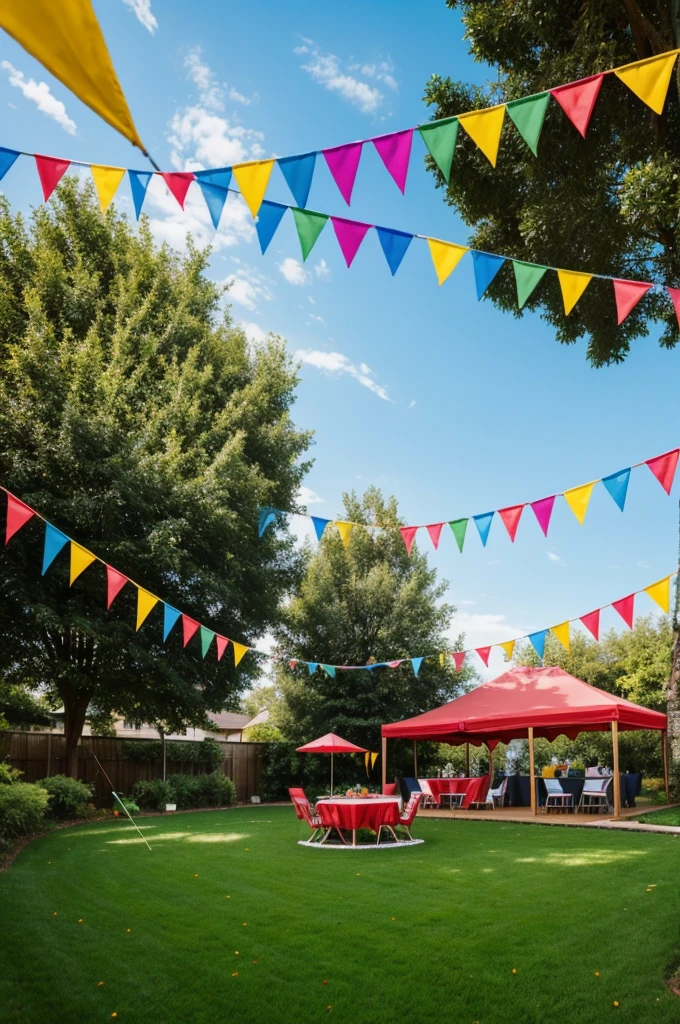 Colorful party with pennant decoration, outdoors in the yard of a house with grass. Food, music and family atmosphere.