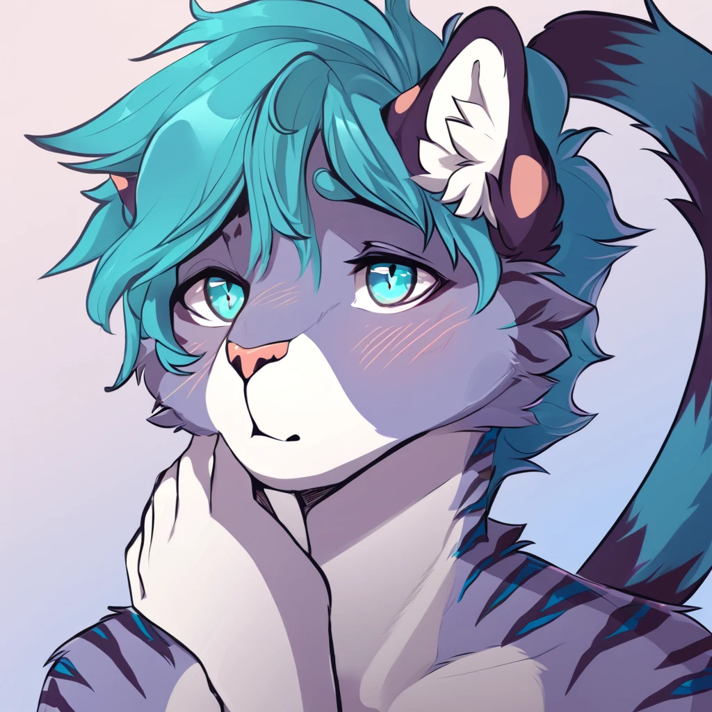 adult, feline, mammal, anthro, anthromorphic, cat, striped, fur, furred_anthro, femboy, male, blue, ear_tufts, purple, paws, hair_tuft, hair_between_eyes, long_tail, fluffy, expressive_eyes, blue/teal_hair, light looking_at_viewer, blue_fur, shy, small_pupils, spotted_pattern, stripes, tiger_stripes, digital_art, high_resolution, high_res, background shy