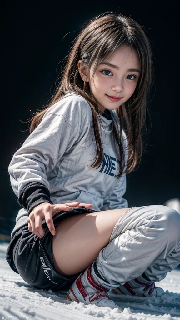 ((Girl snowboarding on the slope, Professional snowboarder, Perfect form)), (beautiful girl, , Cute face), Perfect Style, ((Detailed eyes and face, Professional photography techniques, Cinema Lighting)), Detailed hands, (Highest quality, 8K, masterpiece:1.2, RAW Photos), (Reality:1.4), View the viewer, Focus on the venue, Short Hair, ((Great snowboard wear:1.2)), (Cute smug face)