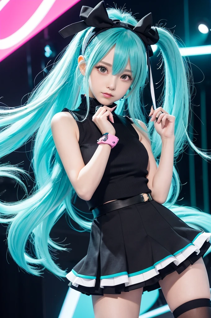 Anime Style: The character is drawn in a typical anime style.
Twin-Tails: The character has long, turquoise twin-tail hair.
Headset: Wears a headset with a microphone on the left side.
Turquoise Hair: The hair is a vibrant turquoise color.
Hair Accessories: Pink hair accessories at the base of the twin-tails.
Turquoise Tie: The outfit includes a turquoise tie.
Sleeveless Top: The top is sleeveless, showing the shoulders.
Sheer Skirt: The skirt has a sheer, transparent layer.
Black Arm Covers: Wears black arm covers from shoulders to wrists.
Thigh-High Socks: Black thigh-high socks are part of the outfit.
Platform Shoes: Black and turquoise platform shoes.
Color Palette: Predominantly turquoise and black colors.
Large Eyes: Typical anime-style large eyes.
Cute Expression: The expression is calm and cute.
Mini Skirt: The skirt is short in length.
Slim Build: The character has a slim and slender build.
Digital Elements: The design includes futuristic, digital elements.
Highlighted Hair: The hair features highlights and gloss.
Black Lines: Black lines are incorporated into the outfit and arm covers.
Virtual Idol Style: The overall design resembles a virtual idol.