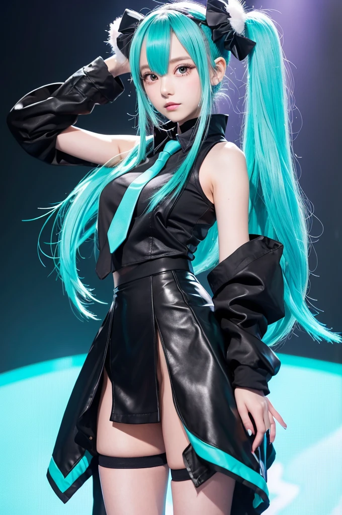 Anime Style: The character is drawn in a typical anime style.
Twin-Tails: The character has long, turquoise twin-tail hair.
Headset: Wears a headset with a microphone on the left side.
Turquoise Hair: The hair is a vibrant turquoise color.
Hair Accessories: Pink hair accessories at the base of the twin-tails.
Turquoise Tie: The outfit includes a turquoise tie.
Sleeveless Top: The top is sleeveless, showing the shoulders.
Sheer Skirt: The skirt has a sheer, transparent layer.
Black Arm Covers: Wears black arm covers from shoulders to wrists.
Thigh-High Socks: Black thigh-high socks are part of the outfit.
Platform Shoes: Black and turquoise platform shoes.
Color Palette: Predominantly turquoise and black colors.
Large Eyes: Typical anime-style large eyes.
Cute Expression: The expression is calm and cute.
Mini Skirt: The skirt is short in length.
Slim Build: The character has a slim and slender build.
Digital Elements: The design includes futuristic, digital elements.
Highlighted Hair: The hair features highlights and gloss.
Black Lines: Black lines are incorporated into the outfit and arm covers.
Virtual Idol Style: The overall design resembles a virtual idol.