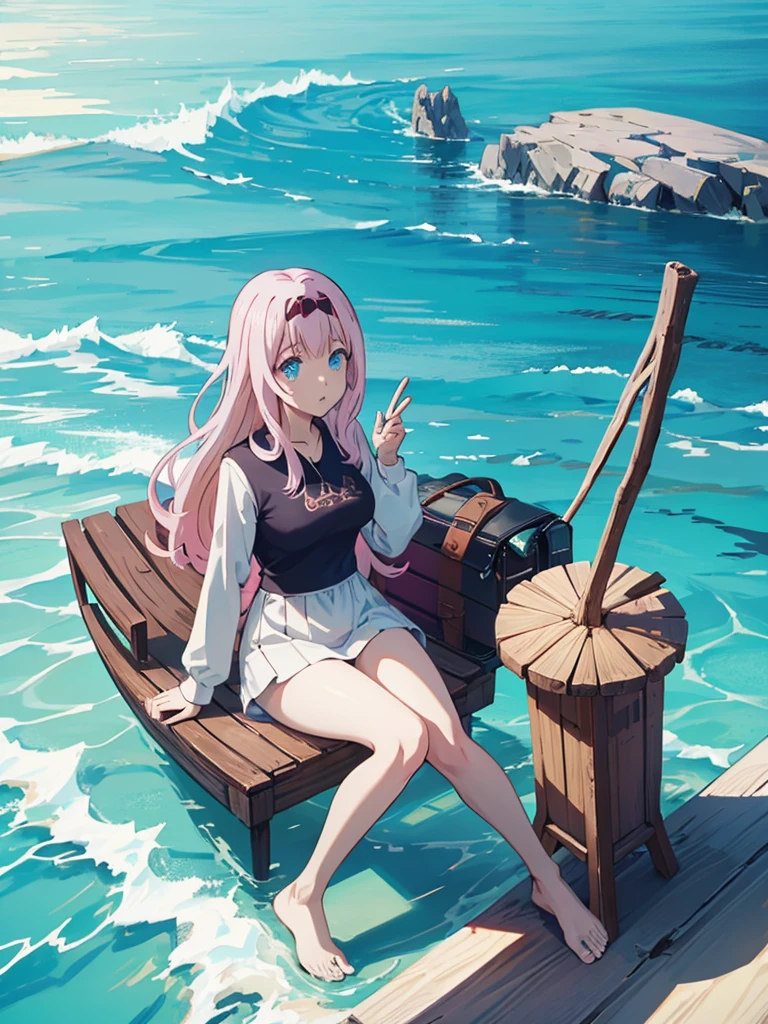 ８K、Full Body Shot、Semi-long hair、Pink Hair、pale blue eyes、Ocean、Sandy Beach、Medium breast、、whole body、stick out your butt