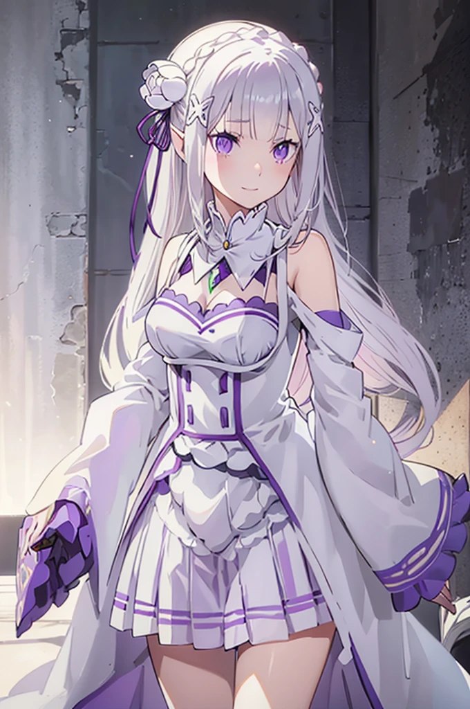 emilia, 
Rezero emilia, 
1girl, 
best illustration, masterpiece, best quality, high resolution, 
perfect anatomy, nice hands, perfect hands, BREAK long hair, low-tied long hair, braid, crown braid,
white hair, 
(purple eyes:1.2), (beautiful detailed eyes:1.6),
looking at viewer, 
pointy ears,
BREAK smile, 
dress, pink dress, BREAK bare shoulders, detached collar, long sleeves, shoulder cutout, wide sleeves, white sleeves, 
medium breasts, 
zettai ryouiki, 
flower, hair flower, hair ornament, hair ribbon,   white flower, x hair ornament,
cowboy shot ,
Kneeling pose,
shoot from above, 
perfect lighting,
background of indoor,