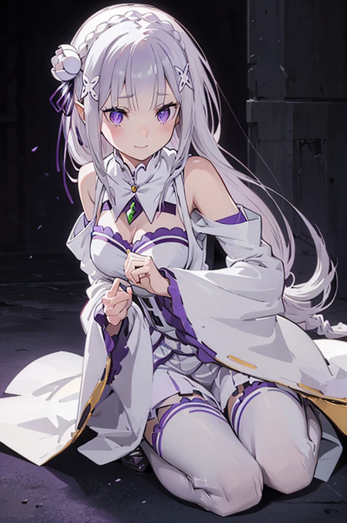 emilia, 
Rezero emilia, 
1girl, 
best illustration, masterpiece, best quality, high resolution, 
perfect anatomy, nice hands, perfect hands, BREAK long hair, low-tied long hair, braid, crown braid,
white hair, 
(purple eyes:1.2), (beautiful detailed eyes:1.6),
looking at viewer, 
pointy ears,
BREAK smile, 
dress, pink dress, BREAK bare shoulders, detached collar, long sleeves, shoulder cutout, wide sleeves, white sleeves, 
medium breasts, 
zettai ryouiki, 
flower, hair flower, hair ornament, hair ribbon,   white flower, x hair ornament,
cowboy shot ,
Kneeling pose,
shoot from above, 
perfect lighting,
background of indoor,