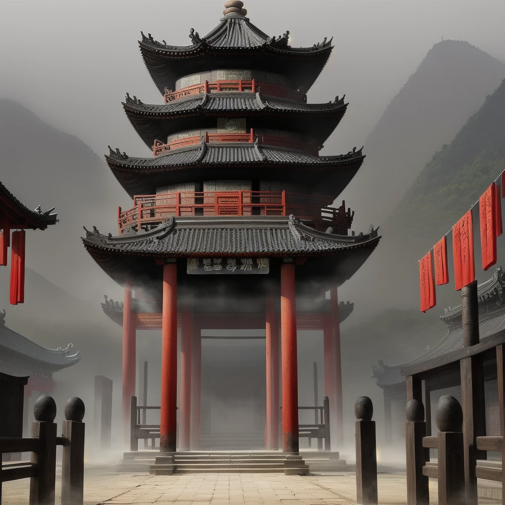 Ancient China, temple, (Mysterious black mist), Travel to&#39;vest, Judge, Elder, Glazed tiles, Statues de Bouddha, lanterns, Absurdity, realistic lighting, (Abyss) head of&#39;artwork, High quality, Exquisite graphics, high detail, Sous-marin, Prison d&#39;water, male, Esprit Serpent  