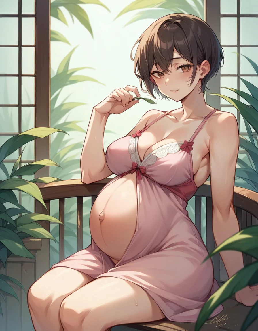 Draw me a real and clear picture of Thailand, a beautiful pregnant old mother wearing a thin pink negligee being hugged and kissed affectionately by her handsome young husband with short hair (army style) while sitting on a beautiful bamboo chair, the background is in a simple house