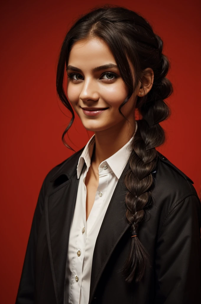 (score_9, score_8_above), score_7_above, score_6_above, score_5_above, score_4_above, Nayuta, 1 girl, ringed eyes, black fur, yellow eyes, Best Quality, YOUNG, black coat, open coat, trench coat, white collar shirt, black tie, Black pants, black tape, Red background, creepy, grain, blood on the face, SMILE, medium hair, simple braid, bright Eyes, Dark theme, low light,