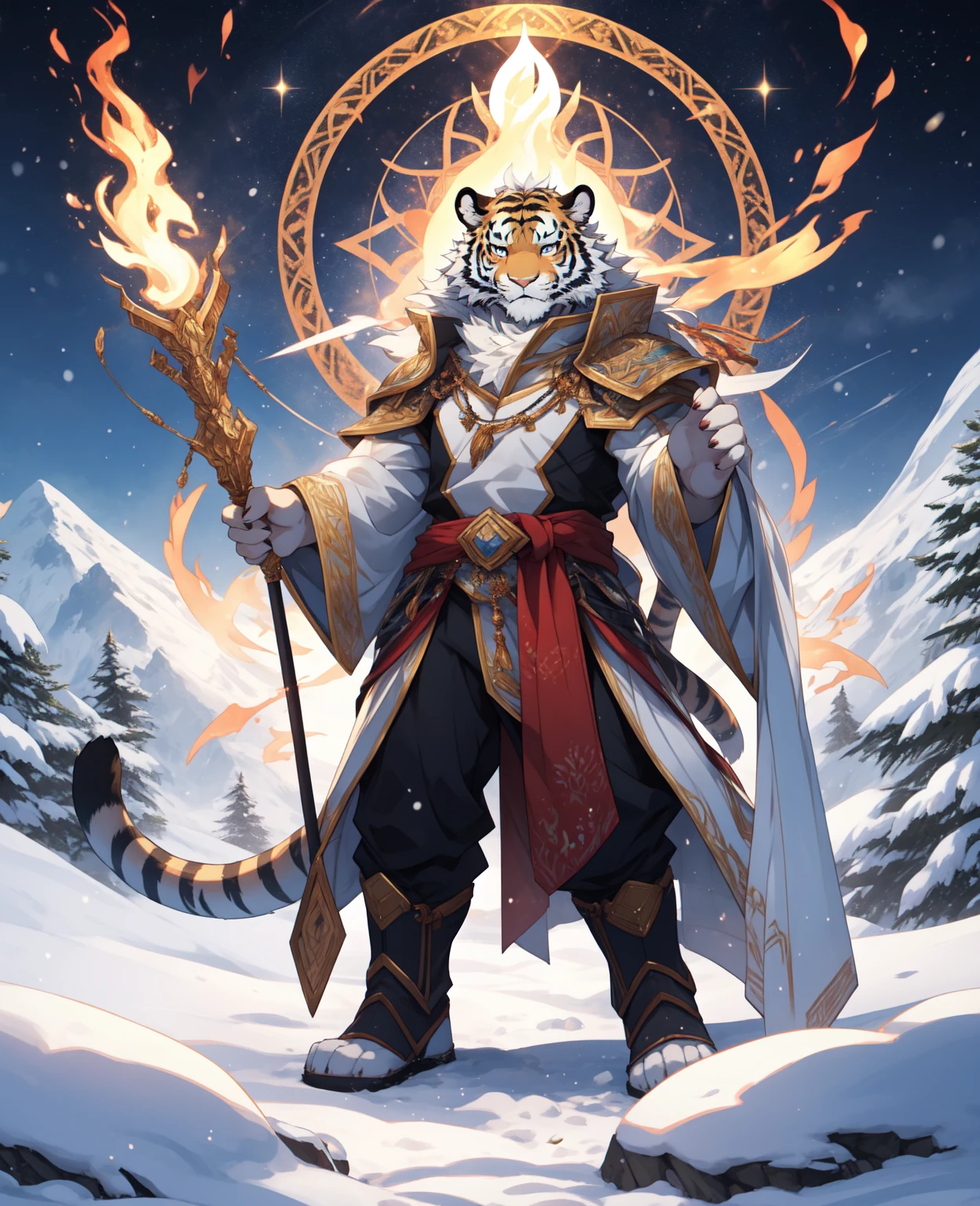Alone,White body,White ears,White hair,Holy Light Cangya Tiger,He has flawless snow-white fur,The limbs are slender and powerful,The tail is decorated with golden flame patterns,young,Ultra-clear screen,Soft lines, Perfect lighting, Light Particles,(best quality),(masterpiece),(Extremely detailed),Clear focus,Light Particles, Detailed snow mountain background