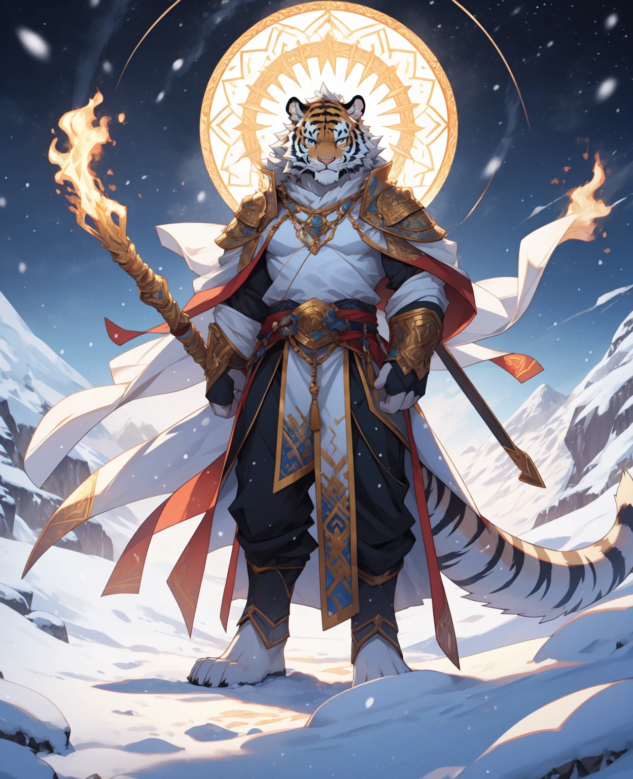 Alone,White body,White ears,White hair,Holy Light Cangya Tiger,He has flawless snow-white fur,The limbs are slender and powerful,The tail is decorated with golden flame patterns,young,Ultra-clear screen,Soft lines, Perfect lighting, Light Particles,(best quality),(masterpiece),(Extremely detailed),Clear focus,Light Particles, Detailed snow mountain background