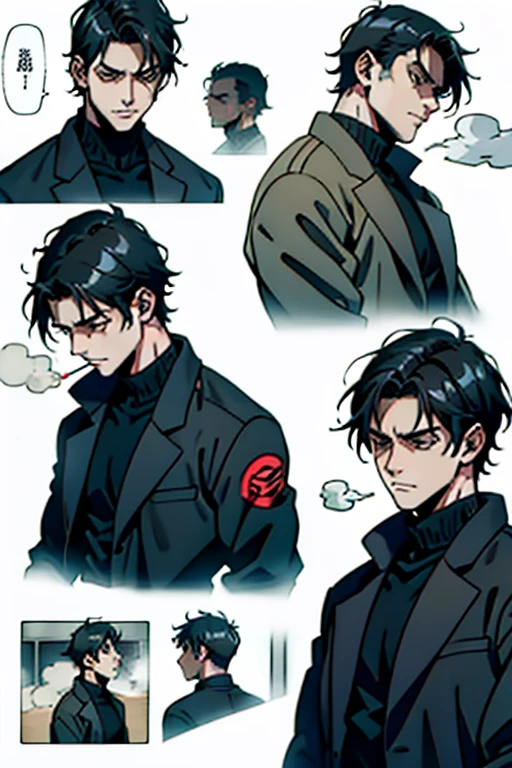 Guy with short black hair smoking and very scared, manga page with panels and dialogue