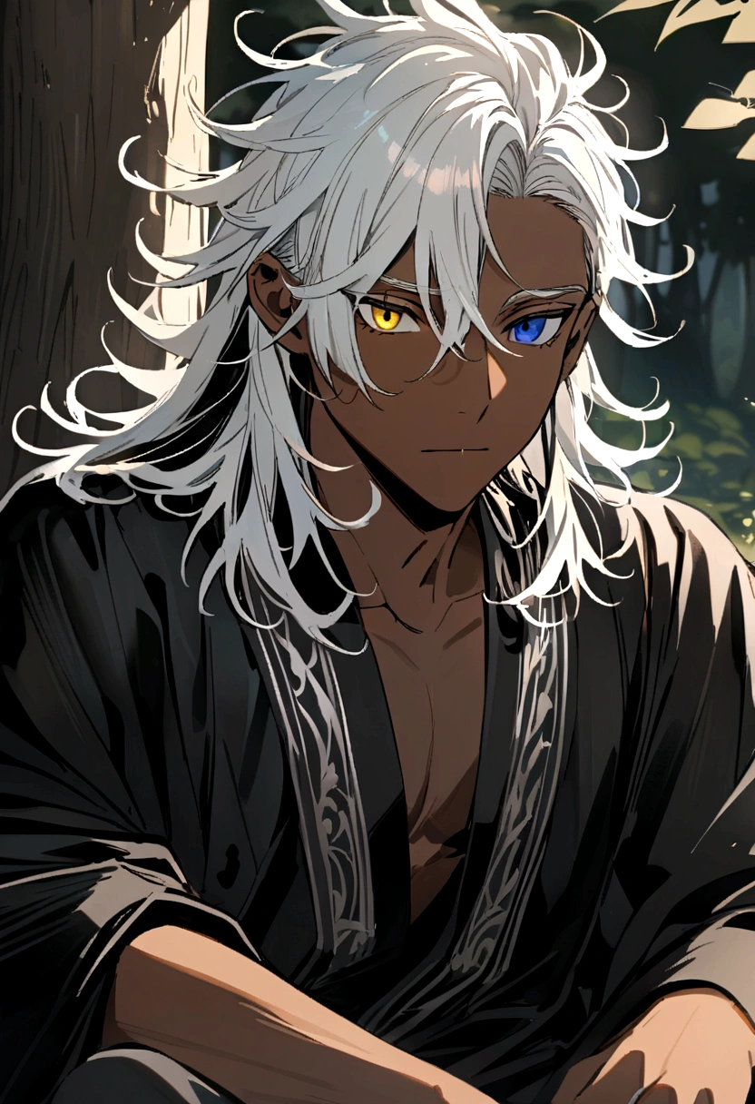 With a black kimono, and silver details , yellow and black eyes heterochromia , Calm expression, Messy hair , Medium length hair , masculine , multicolored black and white hair , two tone hair , dark skin color, while sitting near a tree