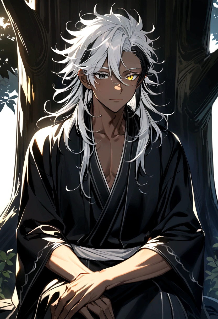 With a black kimono, and silver details , yellow and black eyes heterochromia , Calm expression, Messy hair , Medium length hair , masculine , multicolored black and white hair , two tone hair , dark skin color, while sitting near a tree