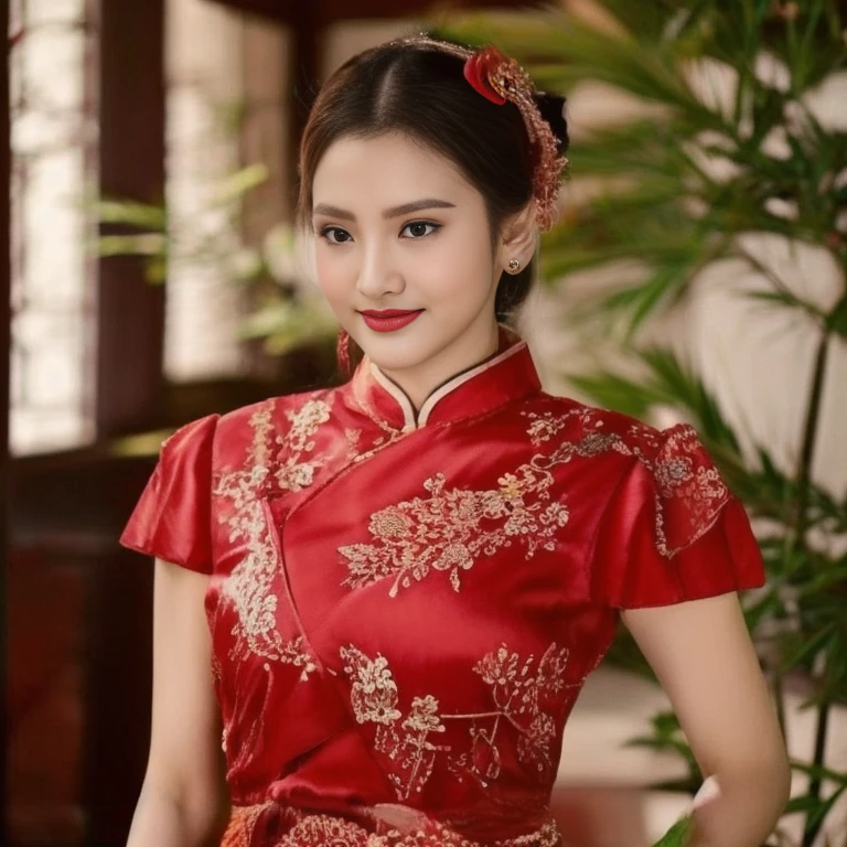 Asian woman Arav in red dress poses for photo, wearing a red Cheongsam, Cheongsam, Chinese dress, Chinese style, traditional chinese, Chinese woman, with ancient Chinese clothes, traditional chinese clothing, Chinese girl, Chinese dress, Gorgeous Chinese model, beautiful oriental woman, Chinese princess, สวมชุดCheongsamสีน้ำเงิน, wearing red dress