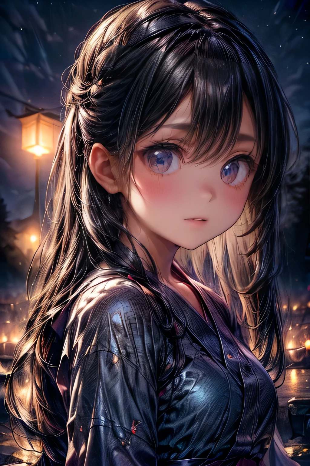 masterpiece:1.2, highest quality,16k,highres,ultra-detailed, ultra-realistic, photo-realistic:1.37, beautiful cute girl looking up at the night sky, flowing yukata, updo, sky-lantern festival, Sky-lanterns, a fantastic sight where countless sky-lanterns decorate the night sky, dark moody atmosphere, night sky, dark tones, floating sky-lanterns, soft lighting, serene, atmospheric, whimsical, dreamlike, magical realism, long flowing hair, through bangs, Beautiful attention to detail, Beautiful lip detail, Highly detailed face, detailed facial features, long eyelash, shining eyes, cute girl
