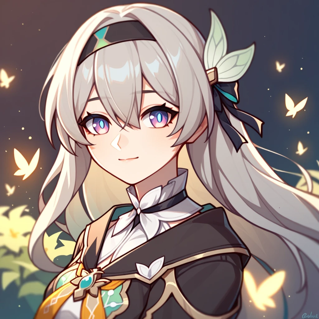 firefly_\(honkai:_star_rail\), 1girl, black_hairband, grey_hair, long_hair, purple_eyes, black_jacket, long_sleeves, hair_between_eyes, white_shirt, very_long_hair