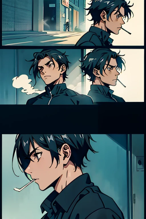Guy with short black hair smoking and running, manga page with panels and dialogue