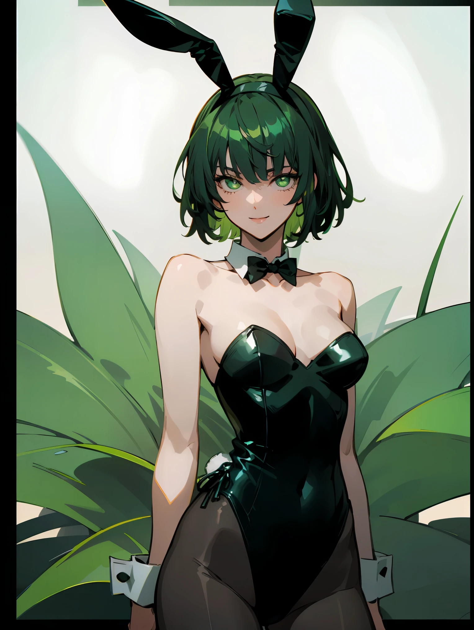 green eyes, (green color hair:1.2),By bang,short hair,, pantyhose, playboy bunny, bunny ears headband, bare shoulders, smile, cowboy shot, highly detailed, HD, 4K, Masterpiece, highres