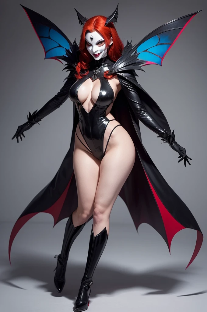 Create a Super Villain Woman in a Moth Costume with Red Hair and wearing a Mask and malefic smile and make the background of the image white (Toon/Full Body) (Create the image) (Gpt 4)