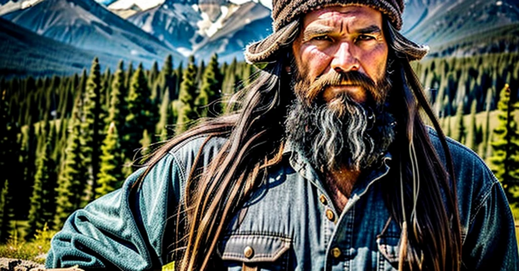 A mountain man from vellage werring old clothes long hair black
