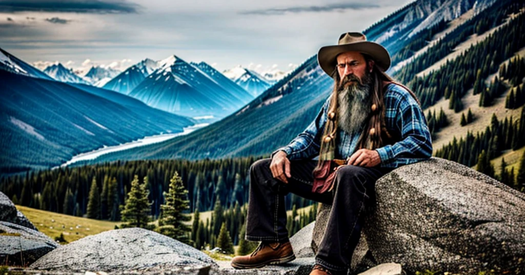 A mountain man from vellage werring old clothes long hair black