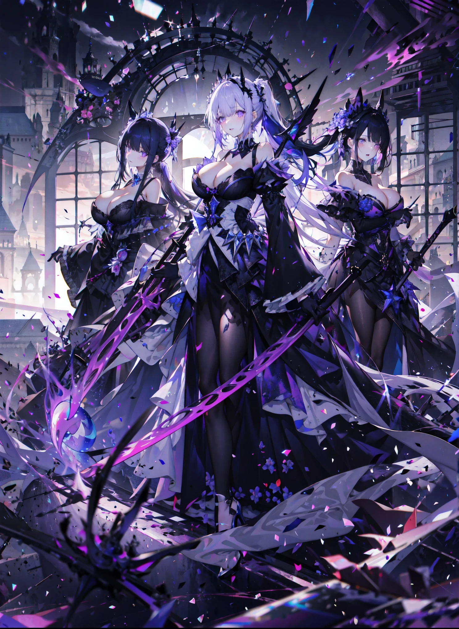 ((masterpiece:1.4,best quality)),(Super detailed),(Extremely detailed eyes),(Shiny socks:1.5),Hello Darkness
(Cute girls),,(Blood-red pupils,Diamond-shaped pupil:1.15),Purple Eyeshadow,(elongated hair,Thick hair,Single ponytail,shiny hair:1.5)(Changes through:1.2),despair,sad,Empty eyes,tears streaming down my face,tilting its head to the side,
(She wore a blue dress,:1.5),(Black gloves:1.4)Very long plush sleeves,White,White Cloud,Dream bubbles ,Ice and glitter effects
(Black long skirt:1.1),
((Starry Sky:1.2)),
(Intense black and white:1.16),(Depth of Field:1.4),,Intricate details,(((Detailed background,Castle in the Sky,Purple flowers by the lake))),(((Huge breasts,Bare breasts,Deep cleavage,White stiletto high heels,Transparent clothes)))
