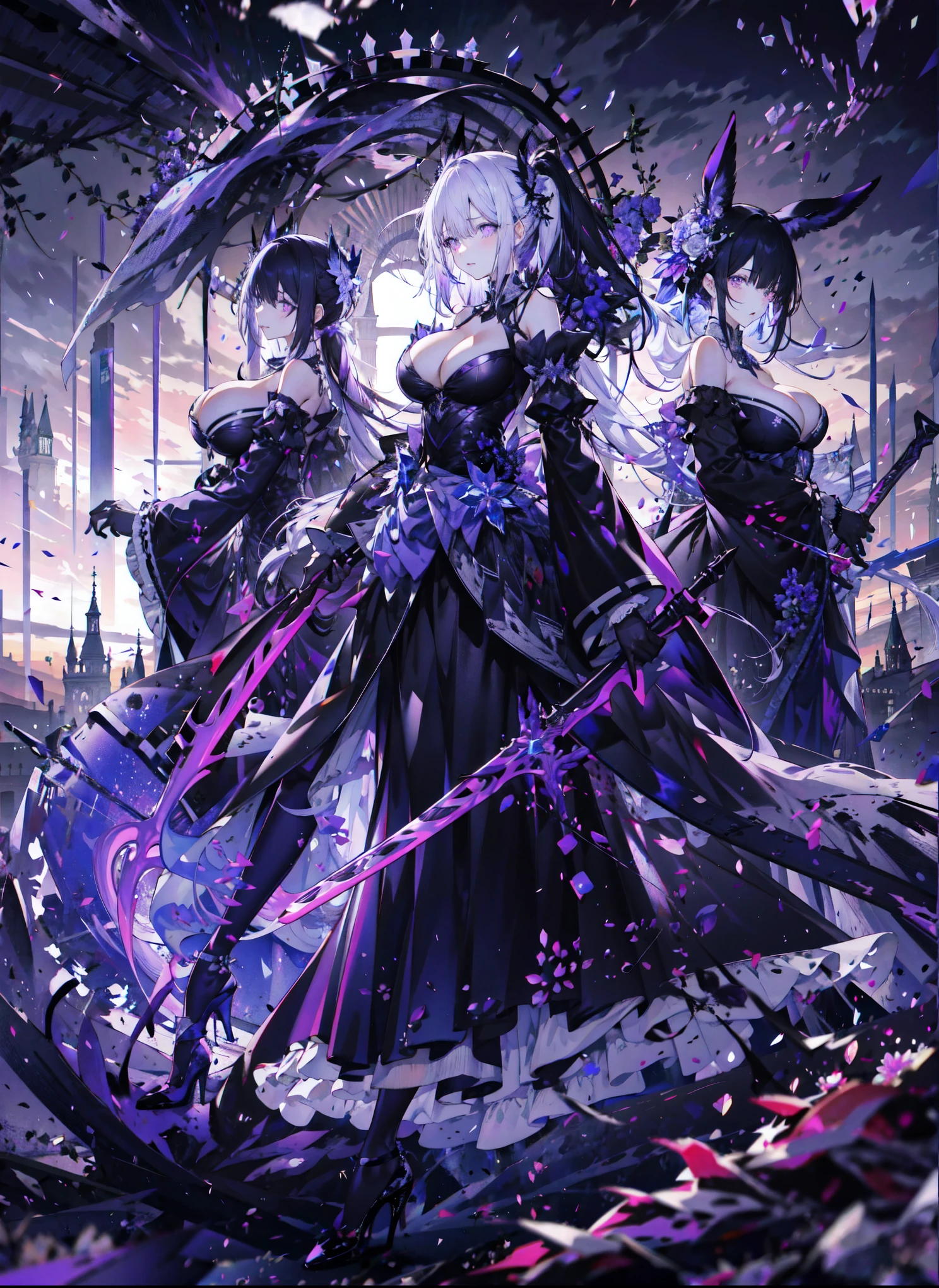 ((masterpiece:1.4,best quality)),(Super detailed),(Extremely detailed eyes),(Shiny socks:1.5),Hello Darkness
(Cute girls),,(Blood-red pupils,Diamond-shaped pupil:1.15),Purple Eyeshadow,(elongated hair,Thick hair,Single ponytail,shiny hair:1.5)(Changes through:1.2),despair,sad,Empty eyes,tears streaming down my face,tilting its head to the side,
(She wore a blue dress,:1.5),(Black gloves:1.4)Very long plush sleeves,White,White Cloud,Dream bubbles ,Ice and glitter effects
(Black long skirt:1.1),
((Starry Sky:1.2)),
(Intense black and white:1.16),(Depth of Field:1.4),,Intricate details,(((Detailed background,Castle in the Sky,Purple flowers by the lake))),(((Huge breasts,Bare breasts,Deep cleavage,White stiletto high heels,Transparent clothes)))