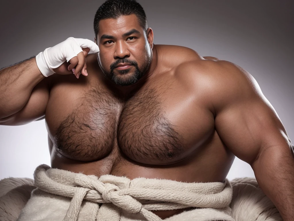 black hair, middle-aged man, individual, male, Muscular wrestler, muscular, Stout wrestler, Asian, Japanese, uncle, 55 year old middle-aged man, short hair, short hair, red wrestling boots, full body portrait, shadow, Vision, red briefs, obesity, 45 years old, short beard, middle-aged man, tattoo, fingerless gloves, Wheat skin, shiny skin, dark skin, Show your pectoral muscles, sumo wrestler, bodybuilder, wide temples, Visible abdominal muscles, Smile, Fine hands, solid color background, pure white background, Surrealism, Panorama, 8k, super detail，