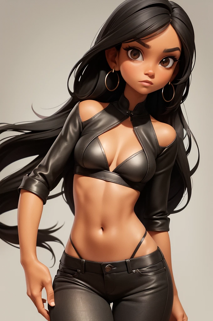 1 female, dark skin, slanty eyes, loop earings, long black straight hair, skimpy dress, black leather jacket crop top, Tight jeans, slim waist, fiesty look, Masterpiece, 4k, University background.
