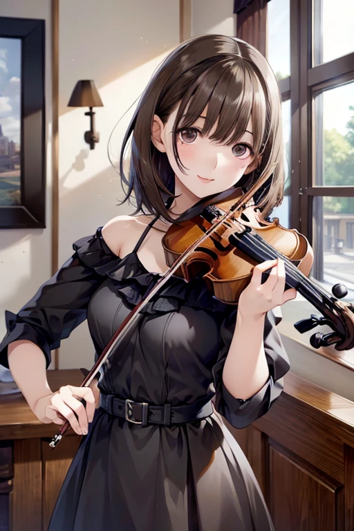 Nene Kasaki々、Shiny brown hair, short hair, Beautiful brown eyes、smile、Sparkling eyes, (fine grain)、Very fine eye、Highly detailed face, Highly detailed eyes,


((Tabletop、High resolution、masterpiece、 Highest quality, High resolution, Hmph, Pixel Perfect, 4K, Hmph, Hmph))), 


(masterpiece, Highest quality:1.2), One Girl, Playing the violin, alone, 