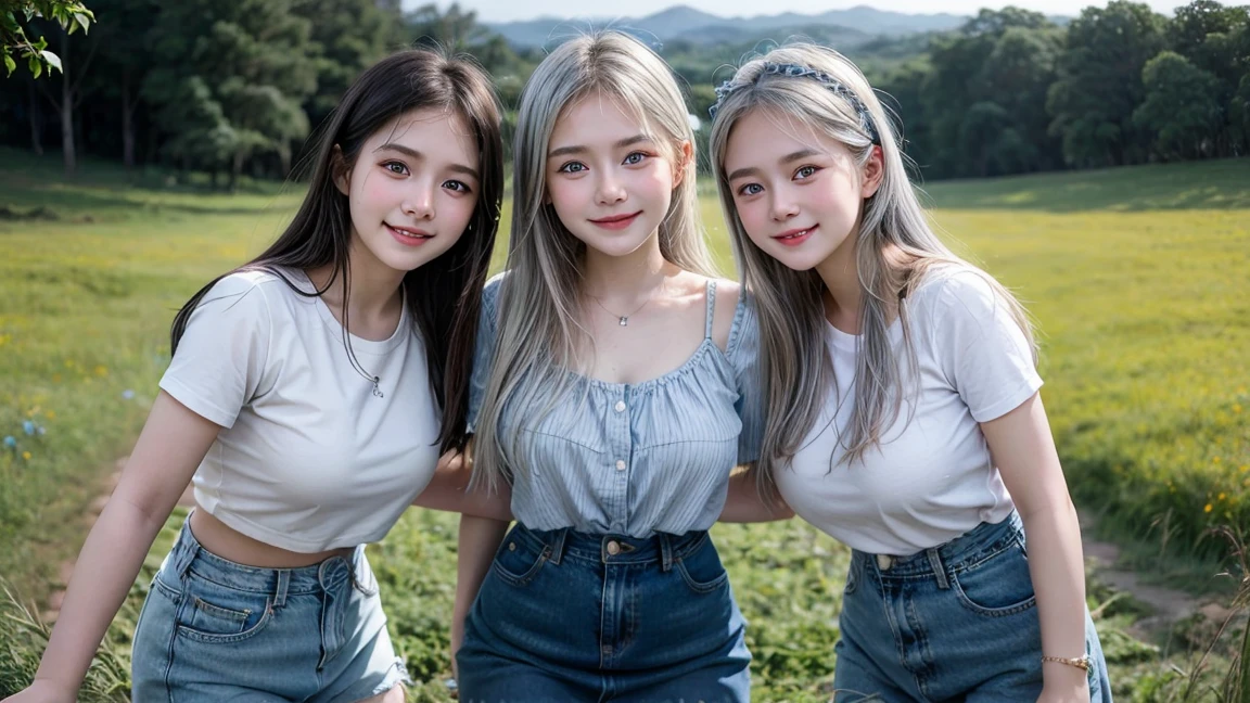 (4 Girls), Indonesian , 12 years,kin, Round breast, blue eyes, meadow, silver hair,beautiful smile, 8K, The details are very realistic...., The best of photography Wear a jeans skirt....
