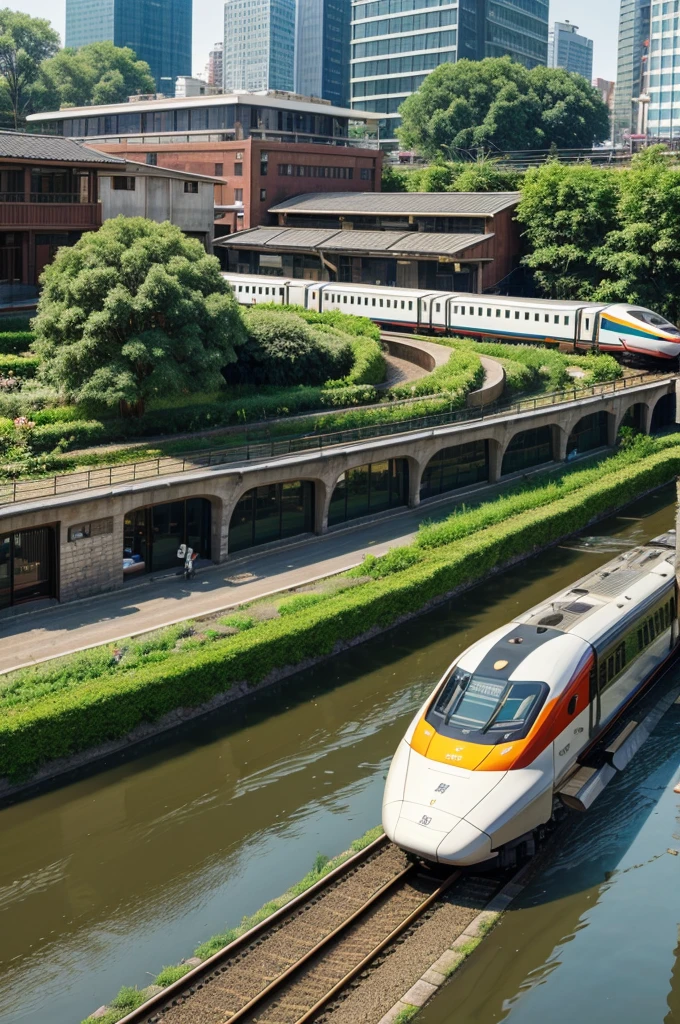 Smart City image with building, bullet train on pull and garden and river with boat