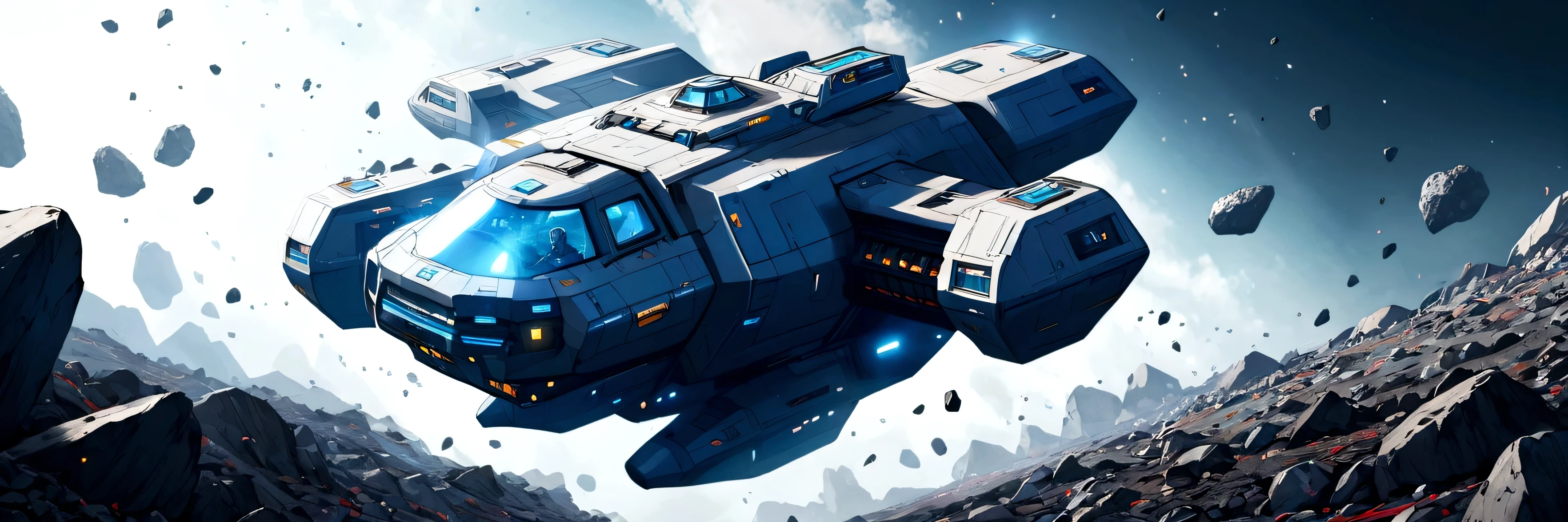 A shot of Zorax piloting his spaceship through an asteroid field, dodging rocks and debris.