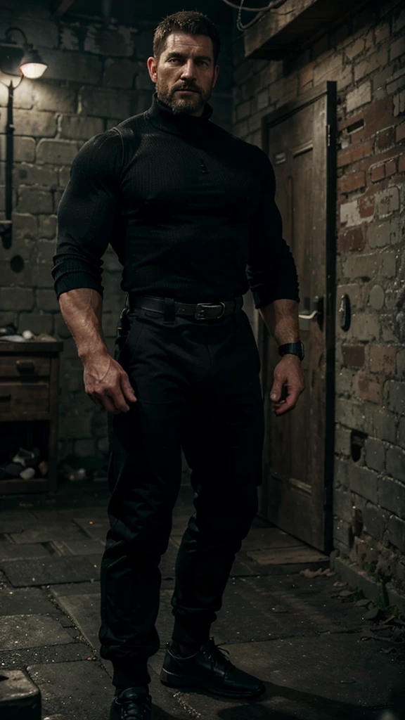 old countryside village in the background, old Chris Redfield from Resident Evil 8, 48 year old, muscular male, tall and hunk, biceps, abs, hairy chest, all black cold turtleneck, long sleeves, black trousers, suspenders, earpiece, belt, thick beard, cracking the hand's knuckles, cold face, no pants and shoes, hairy legs, 44 number feet, wearing black suit socks, full body shot, sport skinny short, very huge bulge, video games style, high resolution:1.2, best quality, masterpiece, dark nightime, dark atmosphere, shadow, upper body shot