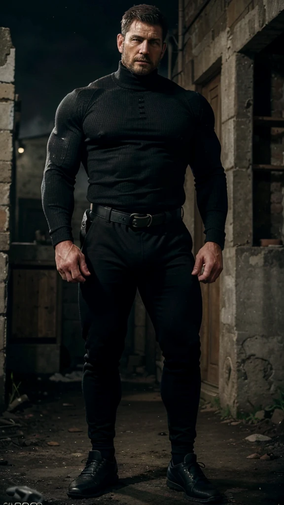 old countryside village in the background, old Chris Redfield from Resident Evil 8, 48 year old, muscular male, tall and hunk, biceps, abs, hairy chest, all black cold turtleneck, long sleeves, black trousers, suspenders, earpiece, belt, thick beard, cracking the hand's knuckles, cold face, no pants and shoes, hairy legs, 44 number feet, wearing black suit socks, full body shot, sport skinny short, very huge bulge, video games style, high resolution:1.2, best quality, masterpiece, dark nightime, dark atmosphere, shadow, upper body shot