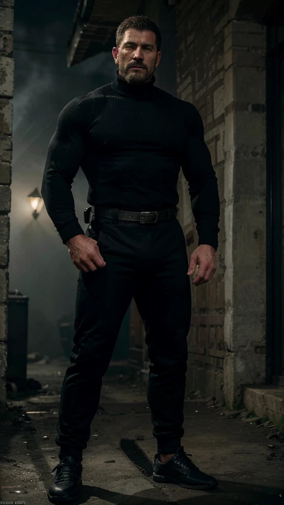 old countryside village in the background, old Chris Redfield from Resident Evil 8, 48 year old, muscular male, tall and hunk, biceps, abs, hairy chest, all black cold turtleneck, long sleeves, black trousers, suspenders, earpiece, belt, thick beard, cracking the hand's knuckles, cold face, no pants and shoes, hairy legs, 44 number feet, wearing black suit socks, full body shot, sport skinny short, very huge bulge, video games style, high resolution:1.2, best quality, masterpiece, dark nightime, dark atmosphere, shadow, upper body shot