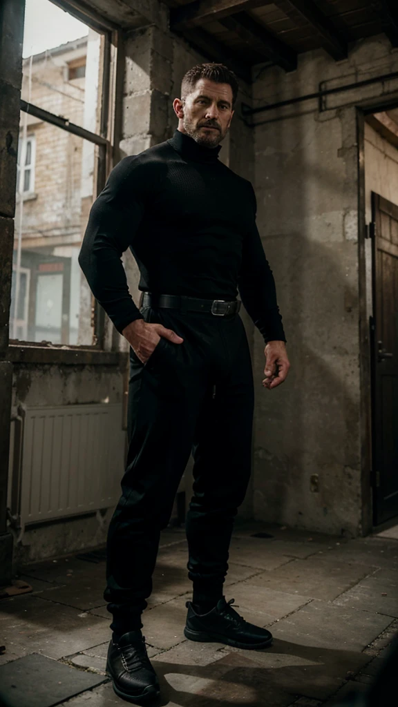 old countryside village in the background, old Chris Redfield from Resident Evil 8, 48 year old, muscular male, tall and hunk, biceps, abs, hairy chest, all black cold turtleneck, long sleeves, black trousers, suspenders, earpiece, belt, thick beard, cracking the hand's knuckles, cold face, no pants and shoes, hairy legs, 44 number feet, wearing black suit socks, full body shot, sport skinny short, very huge bulge, video games style, high resolution:1.2, best quality, masterpiece, dark nightime, dark atmosphere, shadow, upper body shot