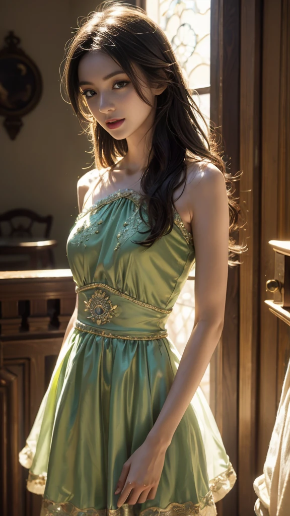 8K, UHD, MAsterpiece, best quality, 1 girl, (realistic face), happy pace, very long hair, small breasts, decorated dress, very beautiful ornaments dress, green color, lace, mesh dress, sardine, loops, in the balcony, ipllers, depth of field, cinematic lighting, chromatic aberration, motion blur, glowing light, god rays, ray tracing, reflection light, backlighting, knee short,