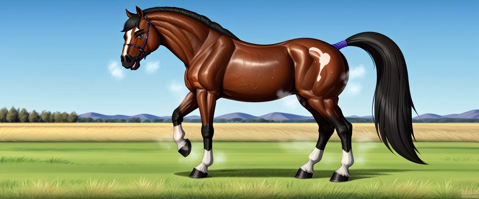 a very full figured very black skinned nude African woman riding a big Belgian draft horse mare (side view). big bum. very short tail. horse facing horizon . flat grass meadow. steaming horse dung behind horse. cloudless blue sky.