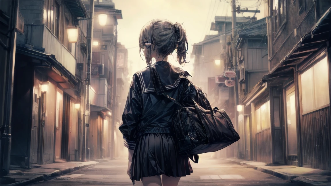 highest quality, moe anime art style, best 8K anime wallpaper Kona-chan, Pixiv contest winners, perfect anatomy, (please draw a girl walking sleepily to school), break, 1 girl, (alone at night, 19 years old: 1.9 with a gloomy adult face), high school student, short hair, quantity, (hair above one eye: 1.7), frown, all limbs, full finger, medium breasts, between legs, small eyes, precise black eyes, hair clip, (sailor costume: 1.5), (school uniform: 1.5) skirt near the knee. Interval, super detailed, high resolution, super dense skin, professional lighting, 8K eye details, (cute illustration: 1.2), dark, dark hair, expressionless, (hair over one eye: 1.5), sailor uniform, she was sleepy and walking in a dark alley in Japan, lifeless and dark place, everything gray