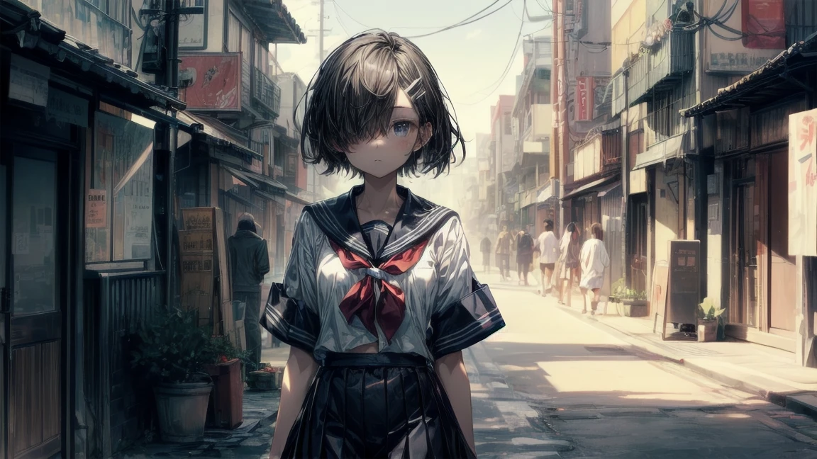 highest quality, moe anime art style, best 8K anime wallpaper Kona-chan, Pixiv contest winners, perfect anatomy, (please draw a girl walking sleepily to school), break, 1 girl, (alone at night, 19 years old: 1.9 with a gloomy adult face), high school student, short hair, quantity, (hair above one eye: 1.7), frown, all limbs, full finger, medium breasts, between legs, small eyes, precise black eyes, hair clip, (sailor costume: 1.5), (school uniform: 1.5) skirt near the knee. Interval, super detailed, high resolution, super dense skin, professional lighting, 8K eye details, (cute illustration: 1.2), dark, dark hair, expressionless, (hair over one eye: 1.5), sailor uniform, she was sleepy and walking in a dark alley in Japan, lifeless and dark place, everything gray