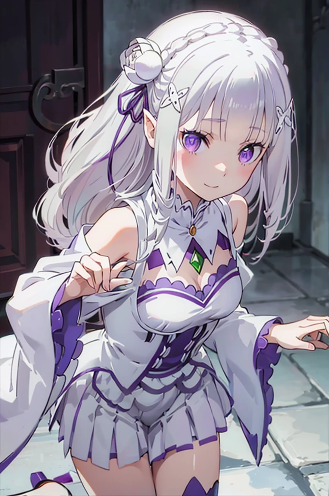 emilia,
Rezero emilia,
1girl,
best illustration, masterpiece, best quality, high resolution, (official art:0.7), anime screencap,
perfect anatomy, nice hands, perfect hands, BREAK long hair, low-tied long hair, braid, crown braid,
white hair,
(purple eyes:1.2), (beautiful detailed eyes:1.6),
looking at viewer,
pointy ears,
BREAK smile,
dress, pink dress, BREAK bare shoulders, detached collar, long sleeves, shoulder cutout, wide sleeves, white sleeves,
medium breasts,
zettai ryouiki,
flower, hair flower, hair ornament, hair ribbon, white flower, x hair ornament,
cowboy shot ,
Kneeling pose,
shoot from above,
perfect lighting,
background of indoor,