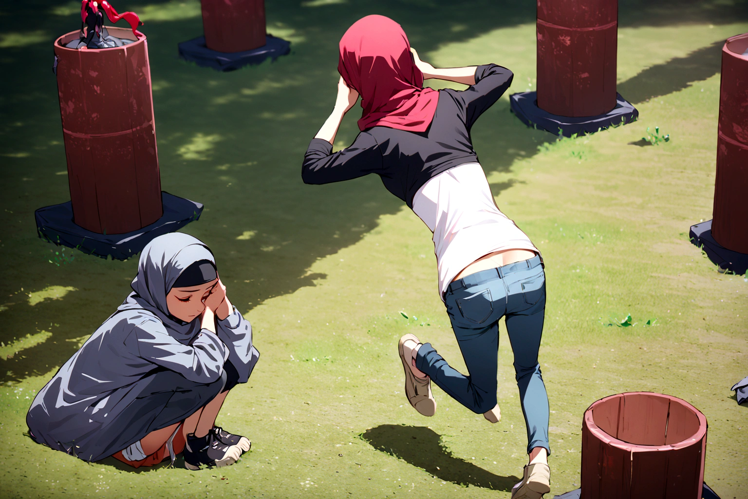 Girl wearing Hijab & shirt, her black low rise jeans slipping down, her hands on her head, focus on her belly, close view