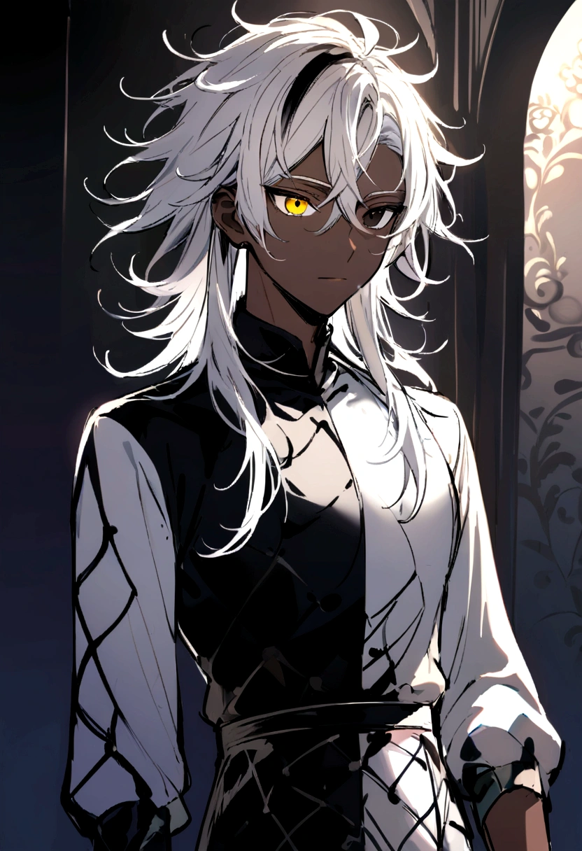 With a sketch outfit , using colors such as black and white , yellow and black eyes heterochromia , Calm expression, Messy hair , Medium length hair , masculine , multicolored black and white hair , two tone hair , dark skin color,
