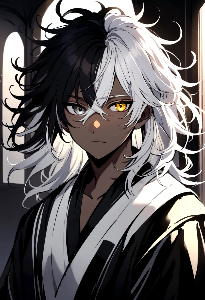 With a sketch outfit , using colors such as black and white , yellow and black eyes heterochromia , Calm expression, Messy hair , Medium length hair , masculine , multicolored black and white hair , two tone hair , dark skin color,