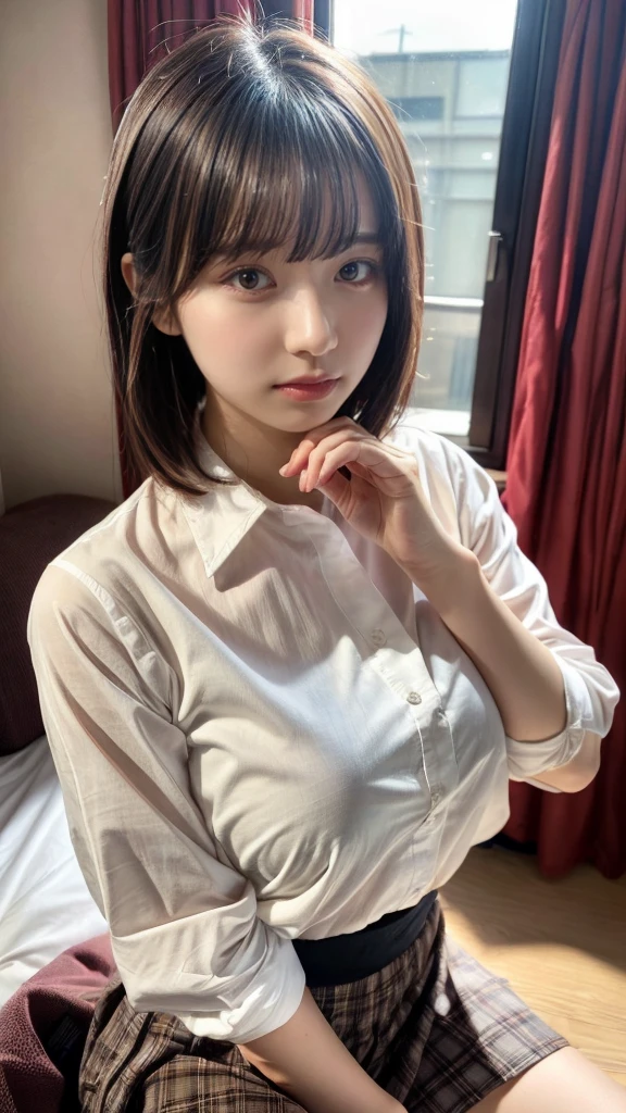 masterpiece, best quality, illustration, Super detailed, fine details, High resolution, 8K,wall paper, perfect dynamic composition,(Details High quality, realistic depiction of eyes:1.3), short bob hair, (Oversized_Shirt:1.2)、Oversized_Shirt, ((facing viewer)), hotel room, Layered Cut, black hair color, Big Natural Color Lip, sexy pose, crying a little、Harajuku style、20 year old girl、cute type、lolita, hposing Gravure Idol, full body photo, huge breasts